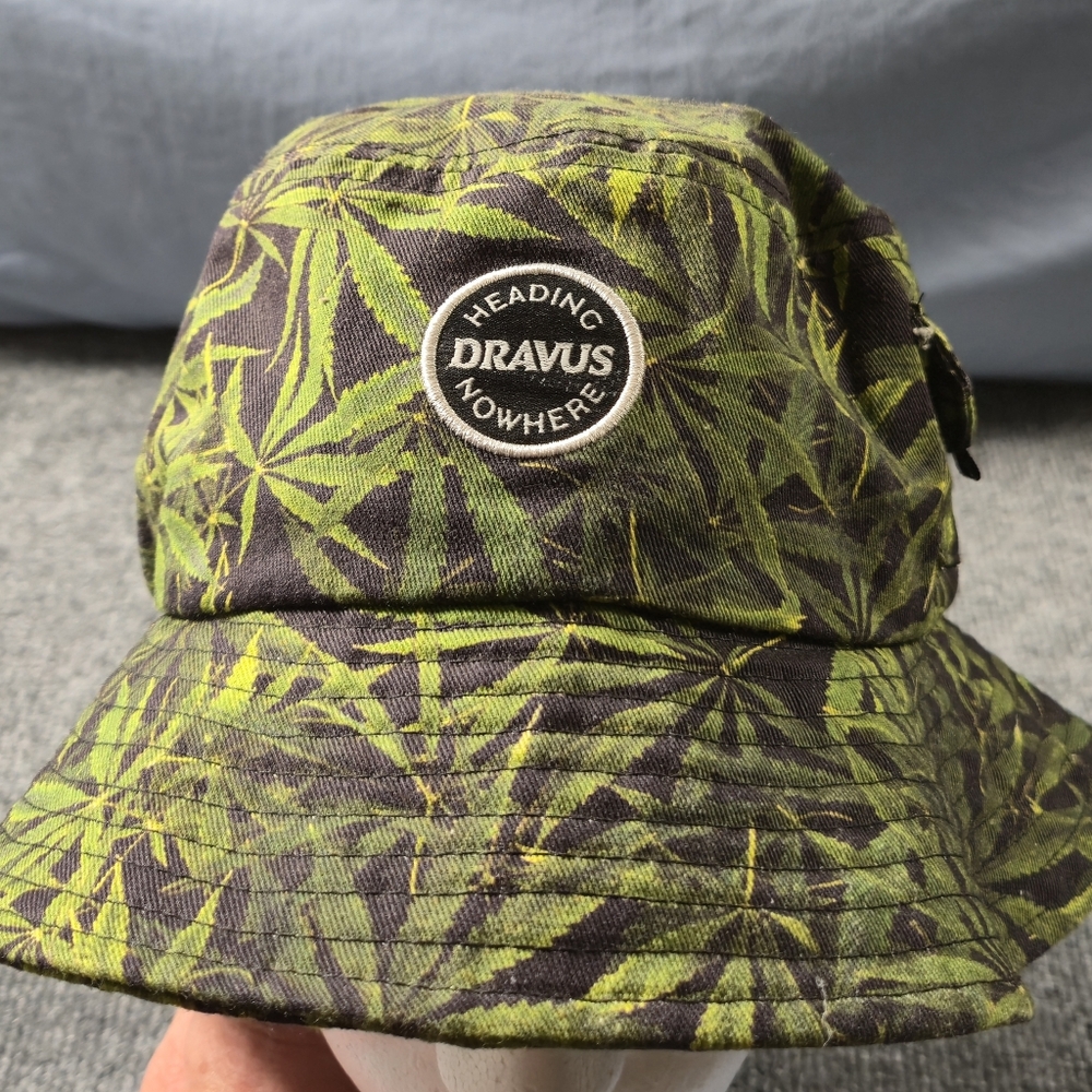Dravus Hemp Leaf Pattern Boonie Bucket Hat‎ Adjustable Stash Pocket NWT